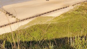 Paesaggio costiero con spiaggia sabbiosa, recinzione in legno e zone erbose.