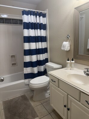 Hair dryer, towels, soap, toilet paper