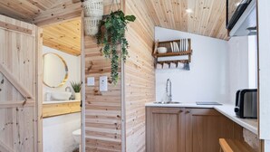 Interior de madera con lavamanos, espejo y plantas colgantes.