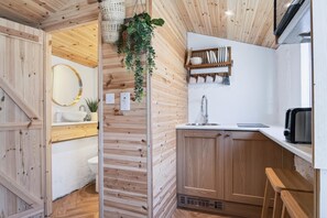 Un intérieur en bois avec un évier, un miroir et des plantes suspendues.