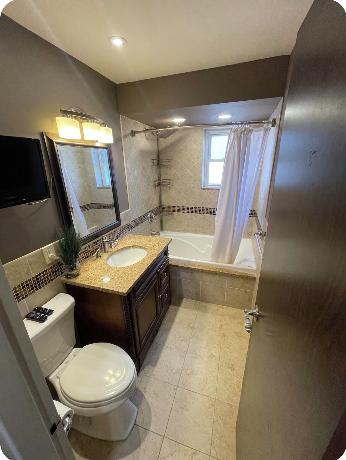 Hair dryer, towels, soap, toilet paper