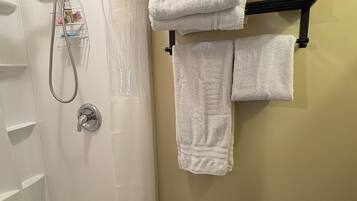 Regadera, toallas, jabón, papel de baño