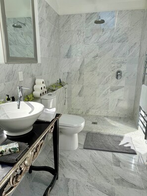A bathroom with a large sink, toilet, and shower.