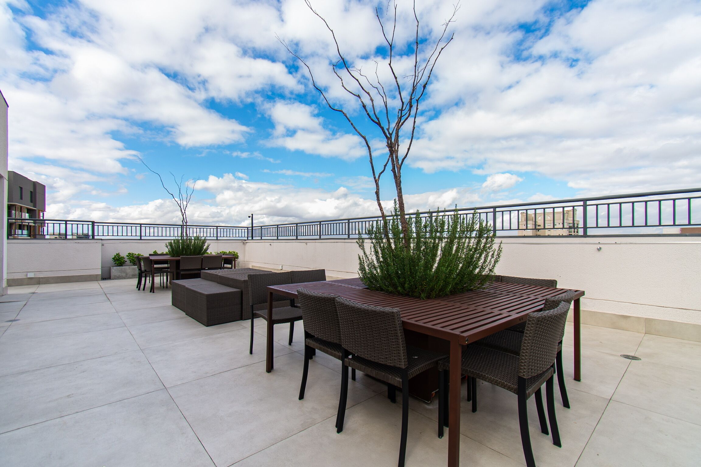 A rooftop patio with outdoor furniture, a table, and a potted plant.