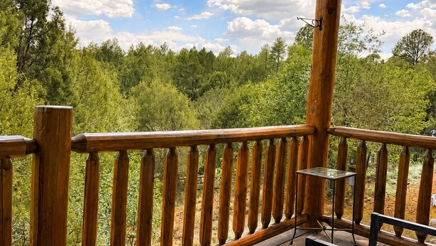 Una terraza de madera con vistas a un bosque, una mesa con sillas y una lámpara colgante.