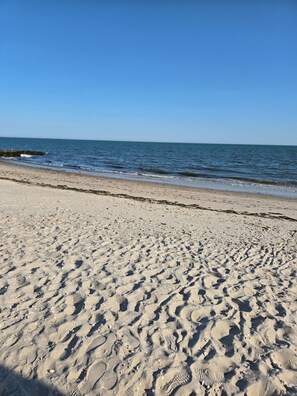 A sandy beach with footprints and seaweed, leading to calm ocean waters under a clear sky.