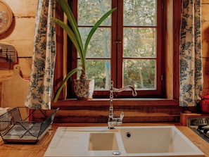 A kitchen with a wooden countertop, a sink, a potted plant, and a window with curtains.
