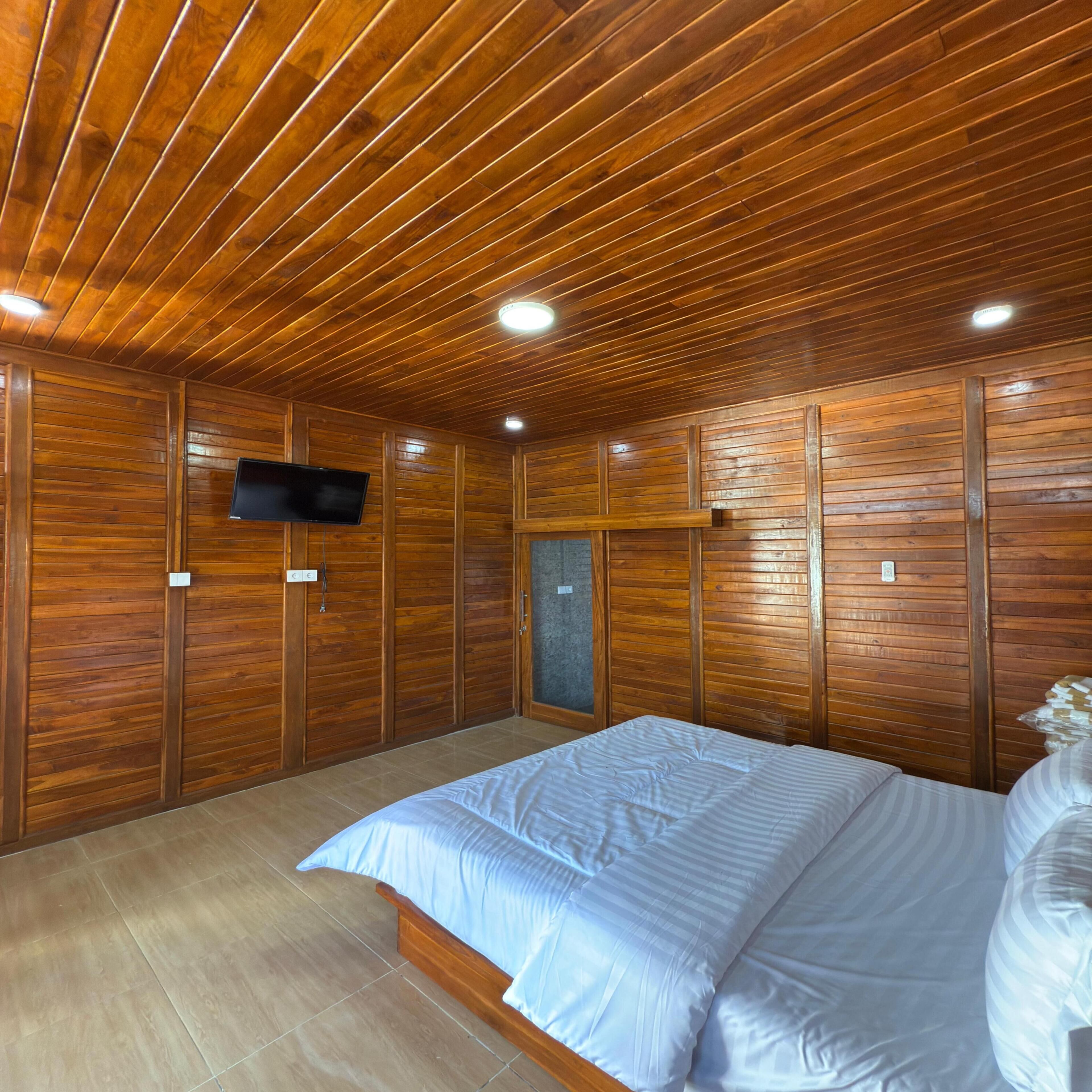 Camera da letto con pannelli in legno, un letto, una televisione e una porta.