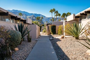 A pathway leading to a modern building with a mountain backdrop, surrounded by desert vegetation. - California Sunshine at Casa Louise (Palm Springs)