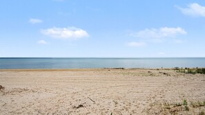 A beach with sand, sparse vegetation, and a calm sea under a clear sky.