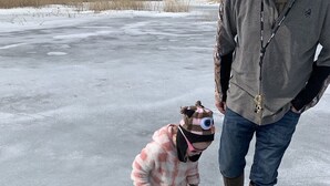 A child in a checkered outfit and green boots on a frozen surface. - Granny`s Cabin on Sandy Lake Huron (Au Gres)