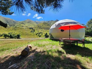 A geodesic dome structure with a red umbrella, surrounded by a grassy field and mountains.