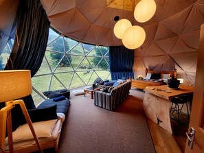 Living area - Dome Karearea - Geodesic dome with private hot tub, sauna & mountain views (Danseys Pass)