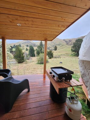 A covered outdoor area with a grill, a gas cylinder, and a view of a hilly landscape.
