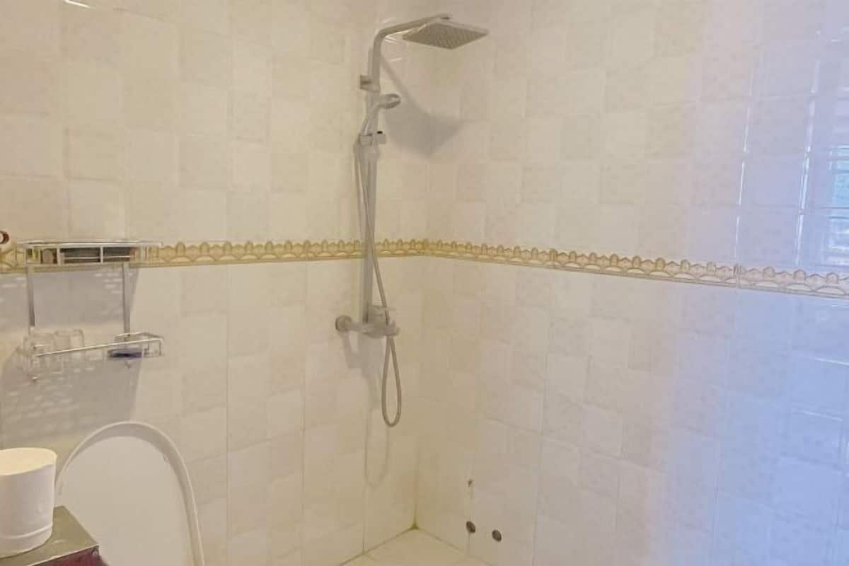 A shower with a handheld showerhead, a glass shower caddy, and a white chair.