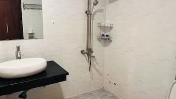 Hair dryer, towels, soap, shampoo