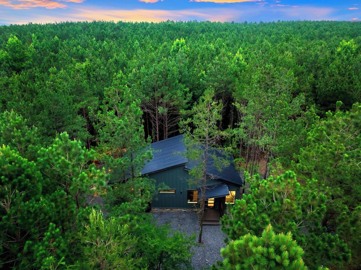 A cabin surrounded by dense forest.
