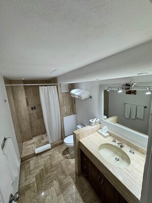 A bathroom with a shower, toilet, sink, and a mirror. - Velas Vallarta Beach Front Resort (Puerto Vallarta)