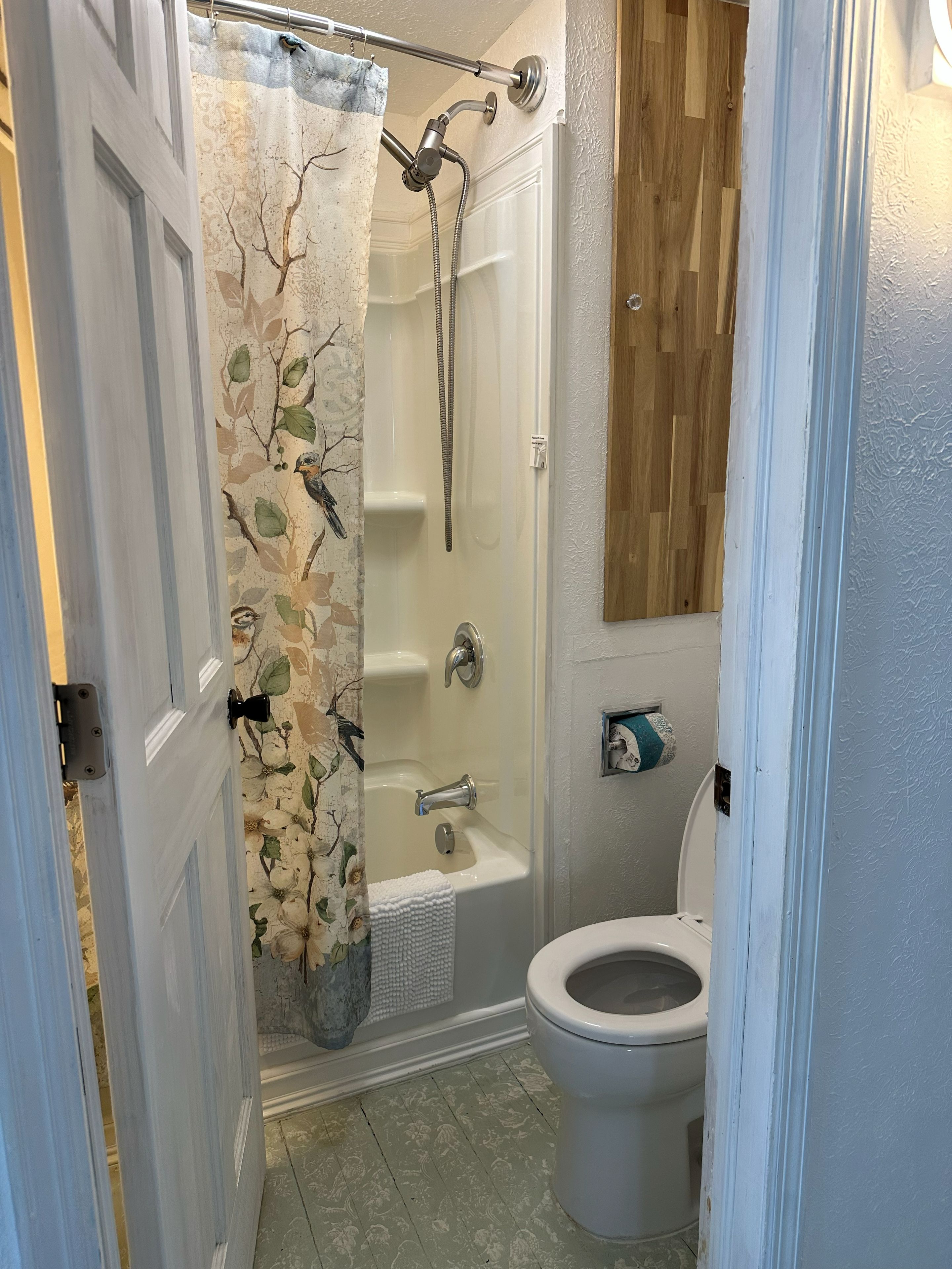 A bathroom with a shower, toilet, and a wooden wall.