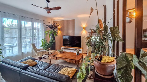 A modern living room with a leather sofa, a wooden coffee table, a TV, and various potted plants. - Belle maison rénovée (Dax)