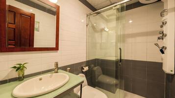 Un baño con ducha de vidrio, lavamanos y retrete.