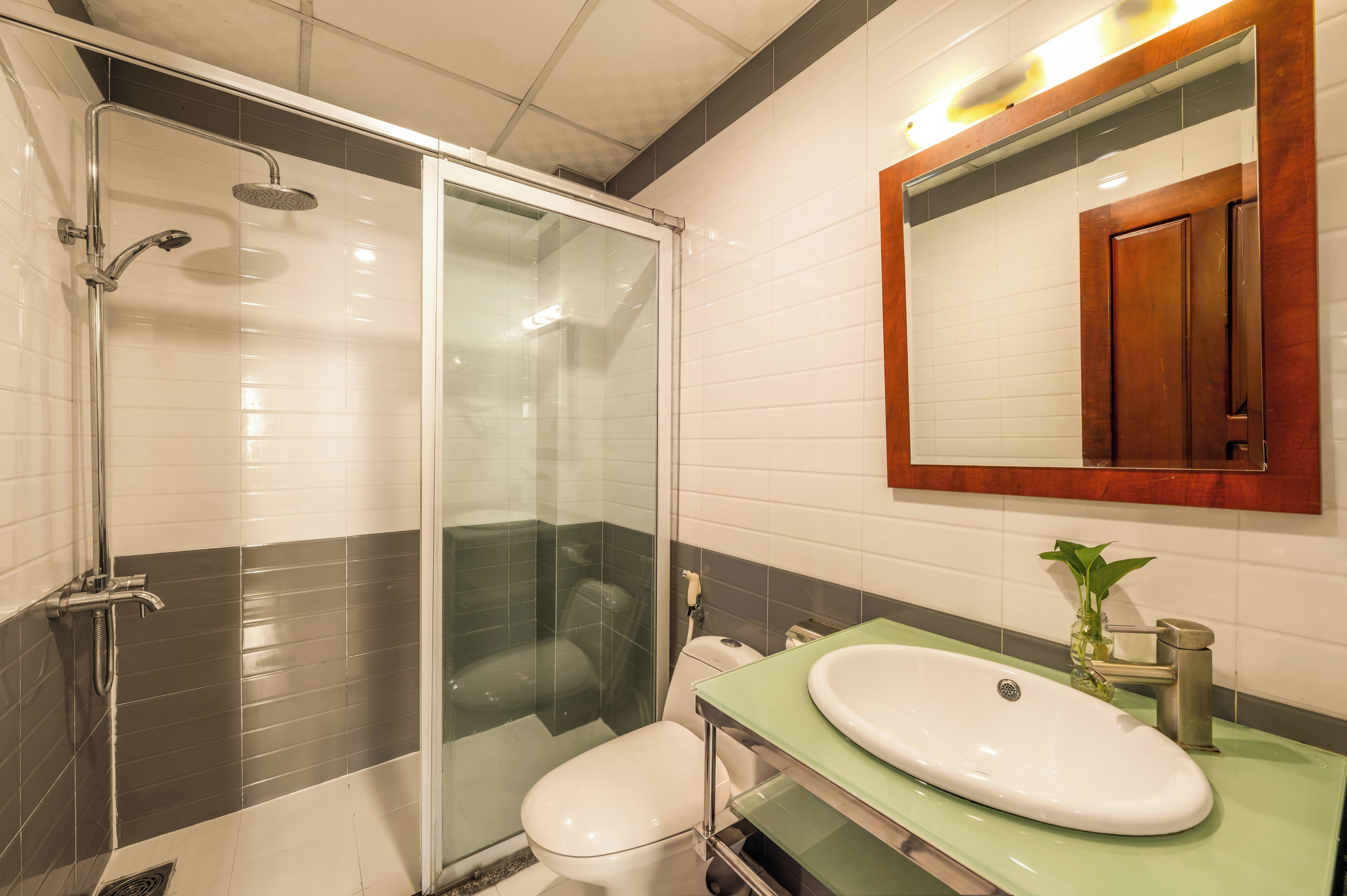 Et badeværelse med en brusekabine i glas, et hvidt toilet og en grøn vask med et spejl over.