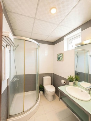 Moderni kylpyhuone, jossa on lasiseinällä varustettu suihku, wc, peilillä varustettu pesuallas ja pieni ruukkukasvi.