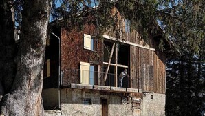 A rustic wooden building with a balcony, a stone foundation, and a large tree in the foreground. - Alphütte Briula Appartement/Fewo, Dusche, WC, 3 Schlafräume by Interhome (Valbella)