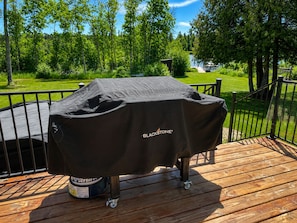 A covered grill on a wooden deck with a view of a grassy area and trees. - The Narrows on Lawrence Lake
Privacy, Hot Tub, Beach, Dock, Quick Trail Access (Outing)