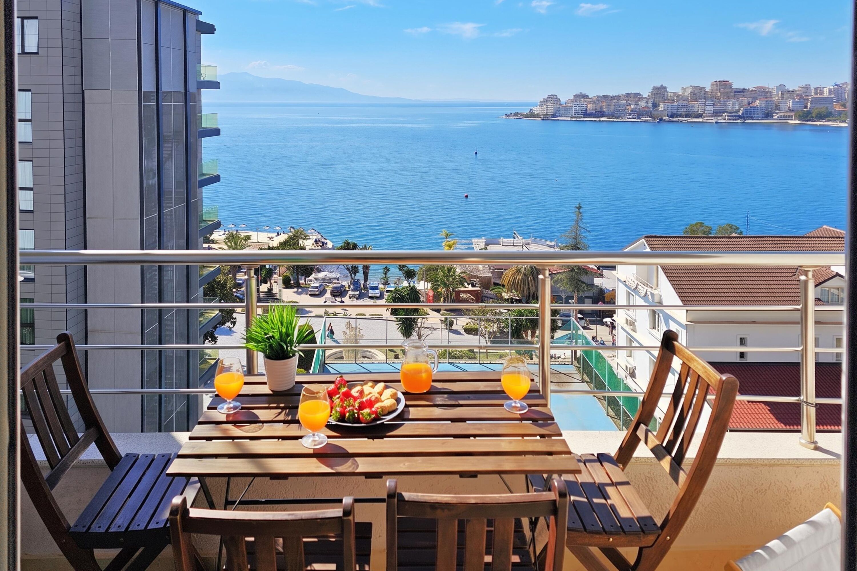 A balcony with a wooden table, chairs, and a potted plant.