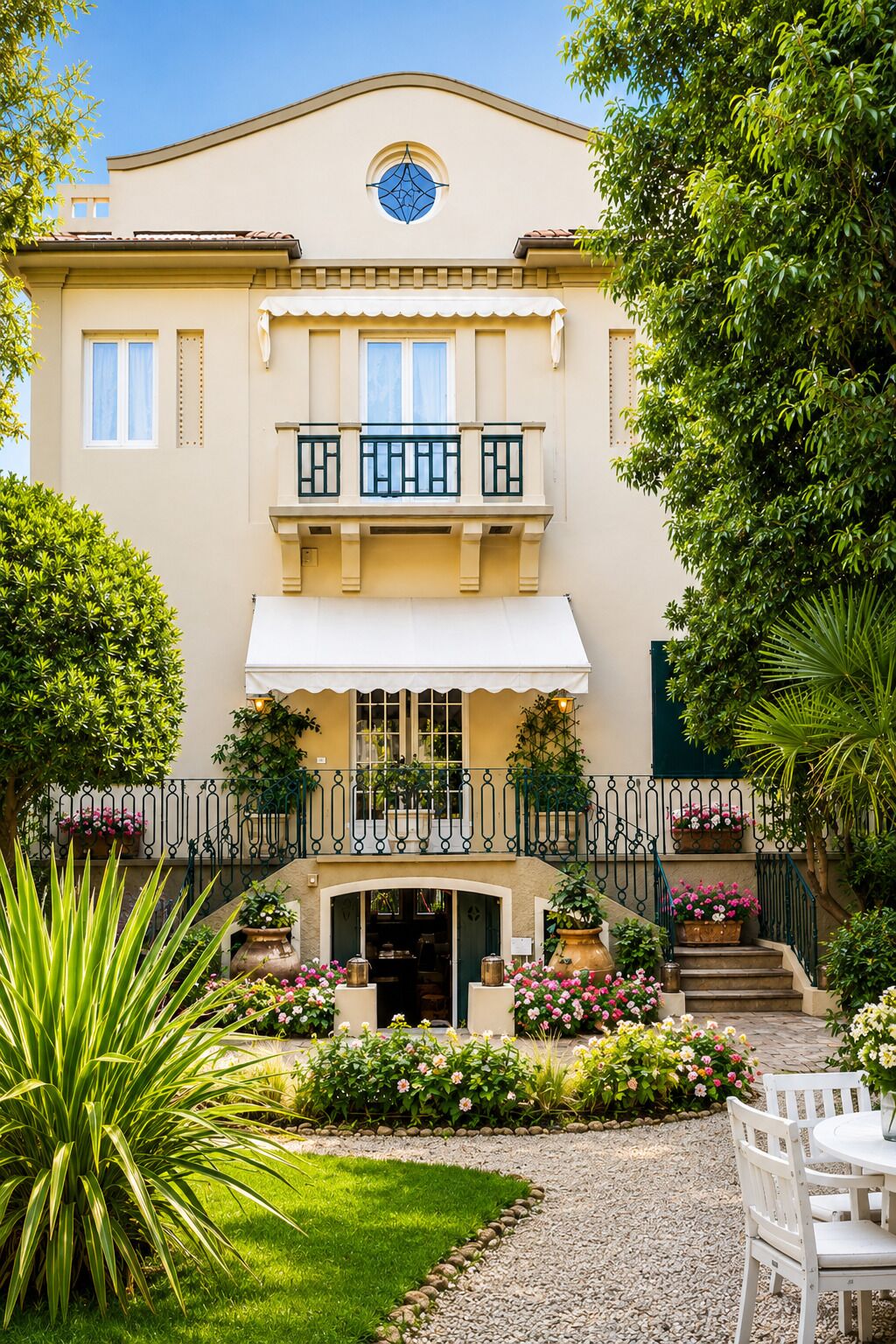 Un edificio a due piani con un balcone, un giardino fiorito e piante, e un tendone bianco.