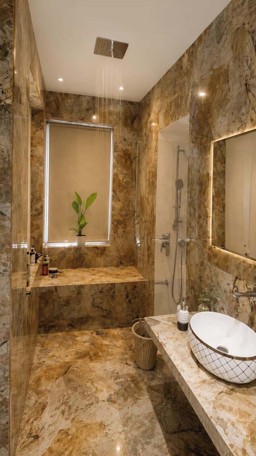 A modern bathroom with a marble floor, a large mirror, a sink, and a shower.