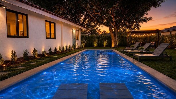 Une piscine avec une terrasse en bois, des chaises longues et une maison dotée de fenêtres.