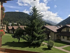 Ein Wohngebiet mit Häusern, einer großen Nadelbaum und einer Bergkulisse.