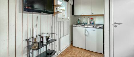 A compact kitchen with a TV, a sink, a stove, and a WC.