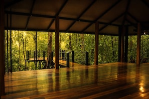 A covered wooden deck with a view of dense forest. - Nuakú Jungle (San Carlos)