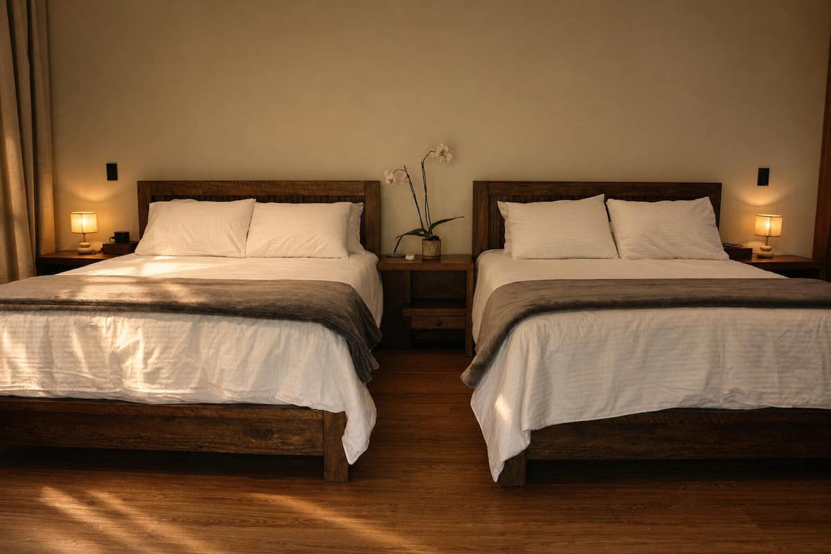 A double room with two beds, nightstands, lamps, and a potted orchid.