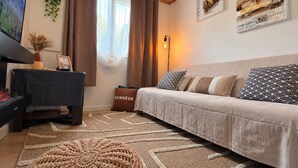 A cozy living room with a sofa, a television, a fireplace, and decorative pillows. - Petit Eden du Bras Piton (Chalet) (La Plaine-des-Palmistes)