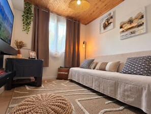 Un salon confortable avec un canapé, un téléviseur, une cheminée et des coussins décoratifs.