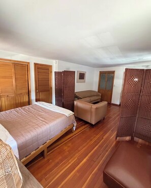A room with a bed, a sofa, a small table, and a partition wall. - 2nd floor flat in the Midtown Arts District (Kingston)