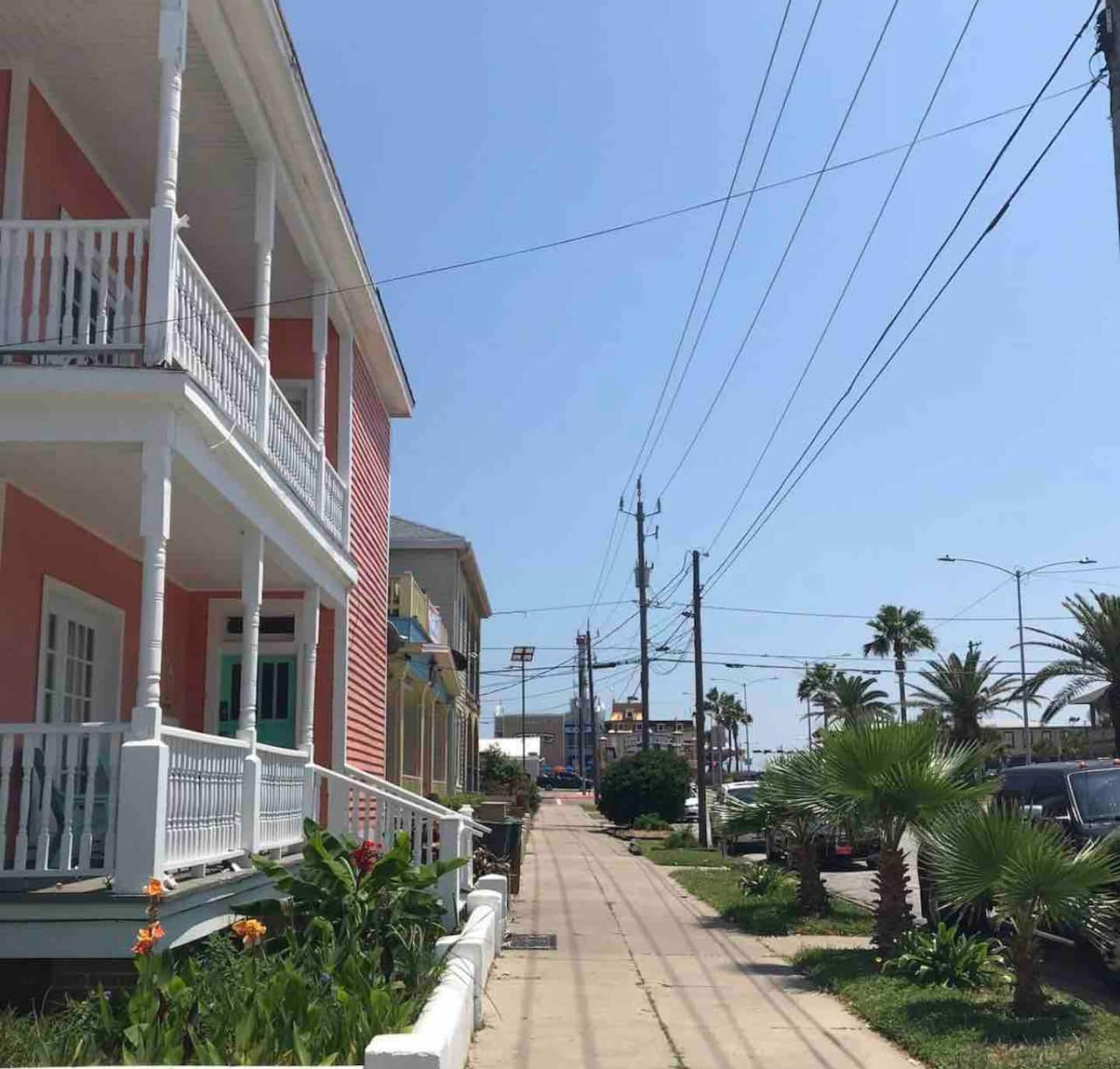 A street with a row of houses, power lines, and palm trees.