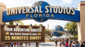 A sign for Universal Studios Florida with a globe and text indicating a guest house is 25 minutes away.