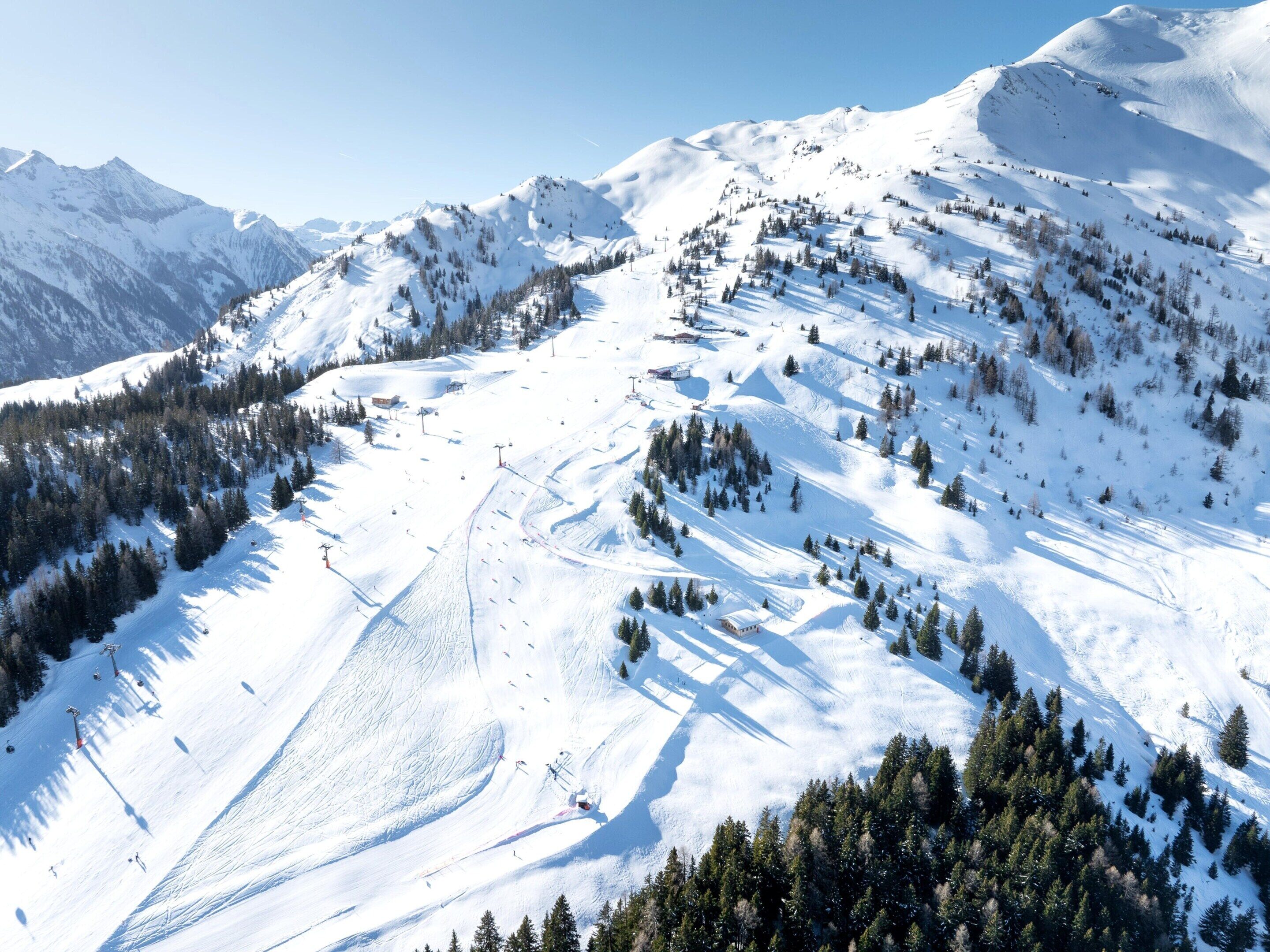 Una montagna innevata con piste da sci, impianti di risalita e alberi.
