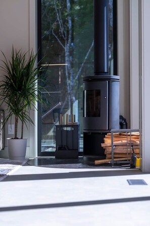 Ein modernes Interieur mit einem schwarzen Kaminofen, einem Topfpflanze und einem Fenster mit Blick auf Bäume.