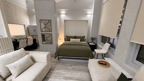 Ein modernes Schlafzimmer mit einem Bett, zwei Sofas, einem Schreibtisch und einem Fenster.
