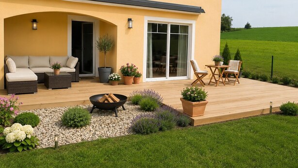 Una casa con patio, mobili da esterno e un braciere.