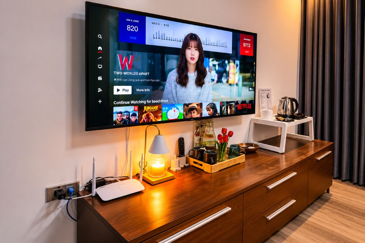 Un televisor de pantalla plana montado en la pared mostrando un noticiero, con un escritorio de madera debajo que tiene una lámpara, una cafetera y una bandeja con objetos.