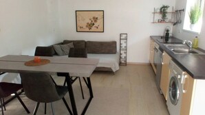 Un espace de vie compact comprenant un canapé, une table à manger, des chaises, un lave-linge et un coin cuisine.