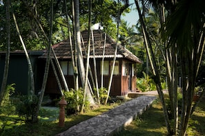 A traditional wooden house with a tiled roof, surrounded by lush greenery and a stone pathway.