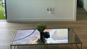 Televisão de tela plana fixada em uma parede branca, mesa de centro de vidro com uma planta e controles remotos, e piso de madeira.